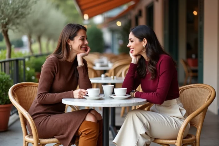 Deux femmes à la mode en tenues tendance automne-hiver attablées en terrasse de café parisien