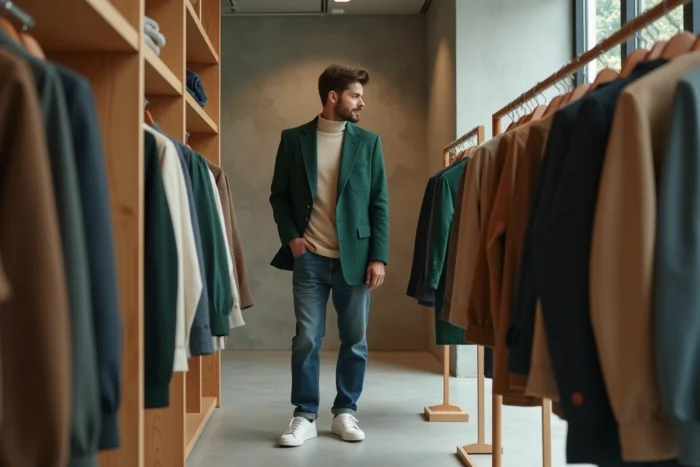 Homme tendance en blazer vert et jean droit explorant les nouvelles collections dans un concept store minimaliste