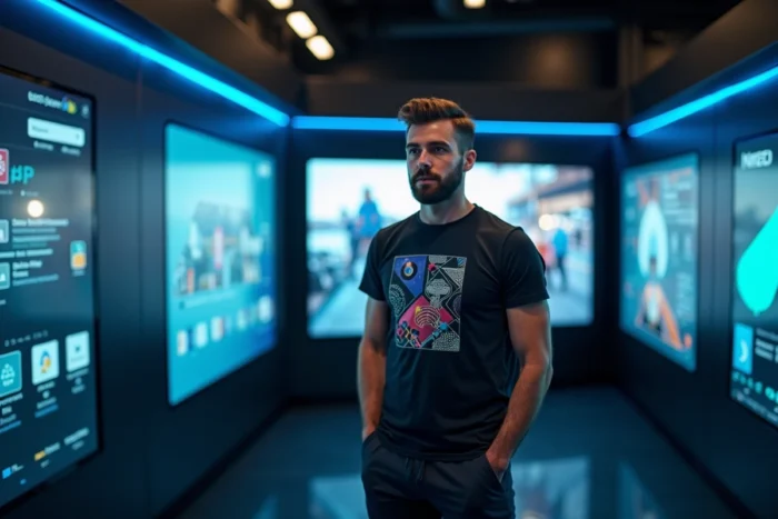 Homme devant un mur d'écrans connectés dans un showroom technologique moderne présentant les dernières tendances numériques