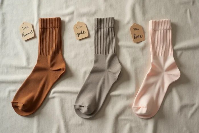 Plat posé sur tissu de lin montrant trois groupes de chaussettes triées par matière, laine, coton et bambou, avec des étiquettes manuscrites identifiant chaque groupe