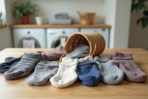 Vue en plat posé d'une variété de chaussettes colorées et dépareillées sur une table en bois clair, illustrant le thème du tri et de l'organisation des chaussettes