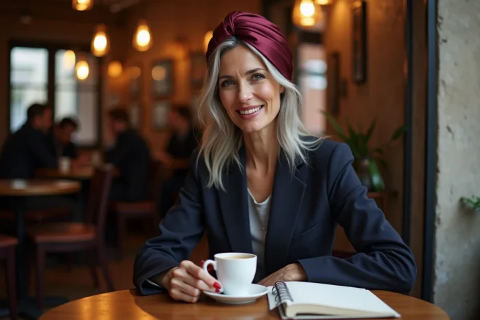 Femme élégante avec un turban en soie bordeaux assise dans une brasserie française, style urbain et sophistiqué