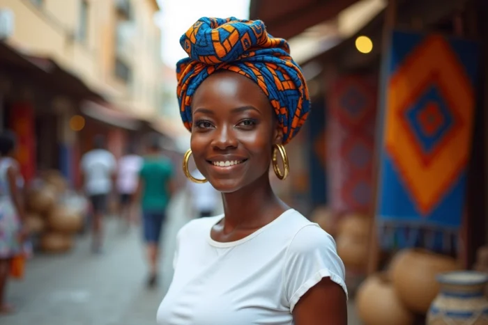 Jeune femme arborant un turban en tissu wax coloré bleu et orange sur un marché animé aux pavés, style afro-contemporain