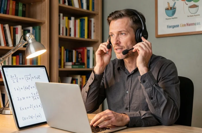 Un homme donnant des cours particuliers en ligne depuis son domicile, portant un casque et expliquant des exercices écrits sur une tablette numérique à un élève à distance