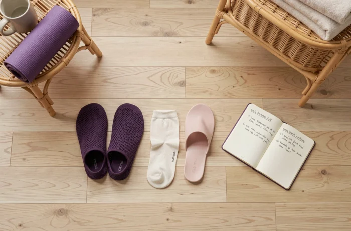 Vue aérienne de trois types de chaussures de yoga posées sur un parquet en bouleau avec un carnet de notes et un tapis de yoga violet
