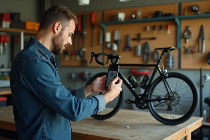Vendeur particulier photographiant un vélo d'occasion pour une annonce Leboncoin dans un atelier