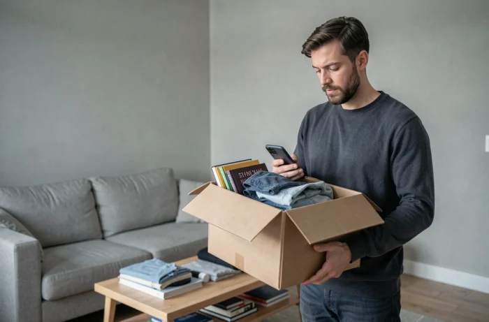 Un homme tenant une boîte d'objets inutilisés à vendre sur des plateformes de revente en ligne, debout dans son salon avec des articles triés sur la table