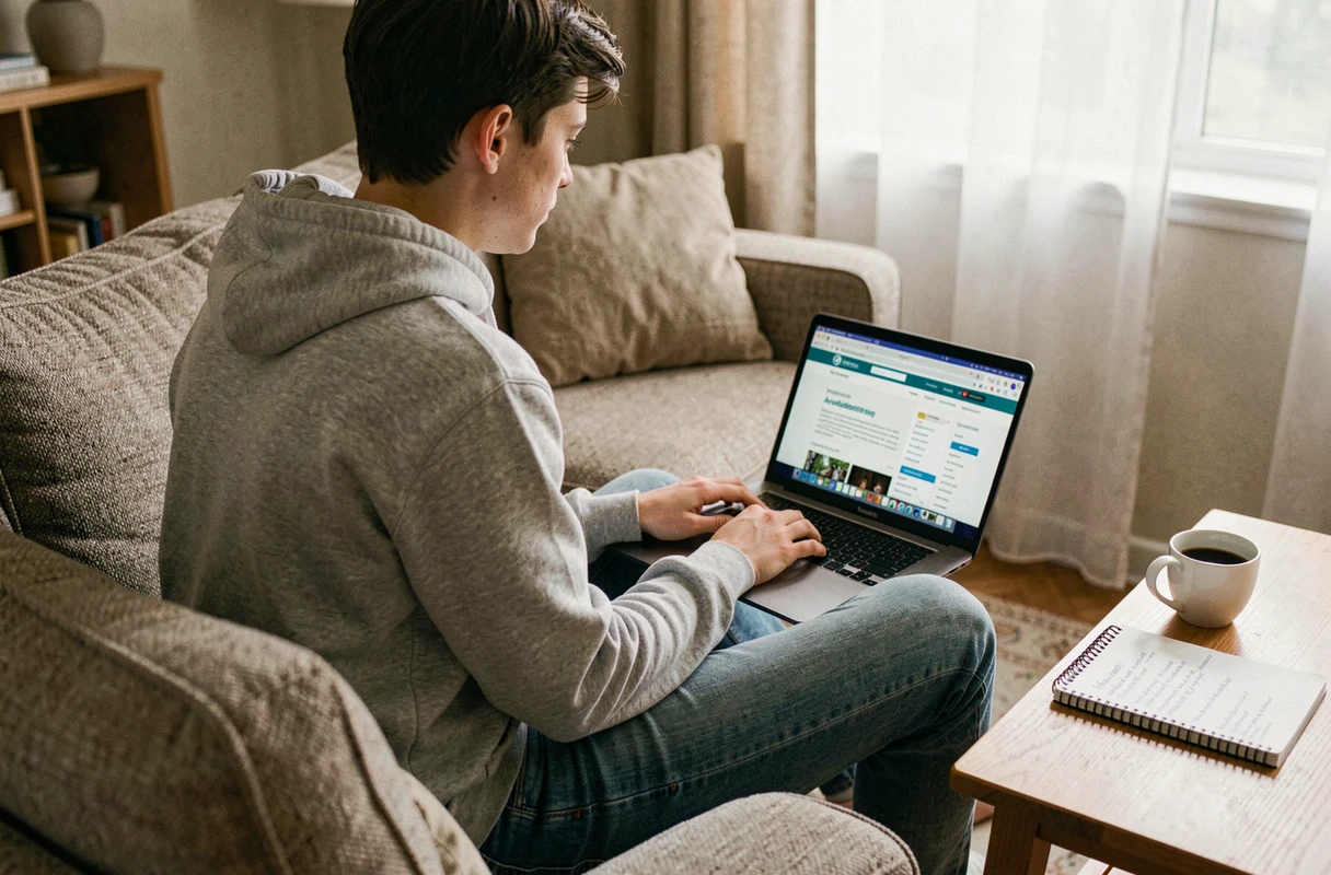 Jeune adulte vérifiant l'accréditation d'un organisme de diplôme en ligne sur son ordinateur portable