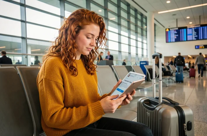 Jeune femme consultant sa confirmation de visa électronique sur une tablette dans un terminal d'aéroport avant son départ