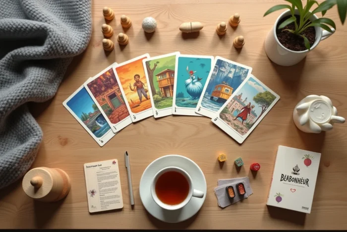 Vue aérienne des composants du jeu Béabonheur disposés sur une table en bois avec cartes règles et pions